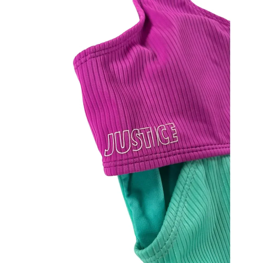 Justice Girls Crossbody One Piece Swimsuit - Teal Purple - Large (12/14)